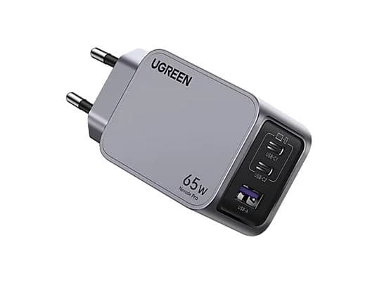 Cargador de pared - Ugreen Mini GaN Nexode Pro, Universal, Carga Rápida, 65W, 2x USB-c, 1x USB-A, Plata
