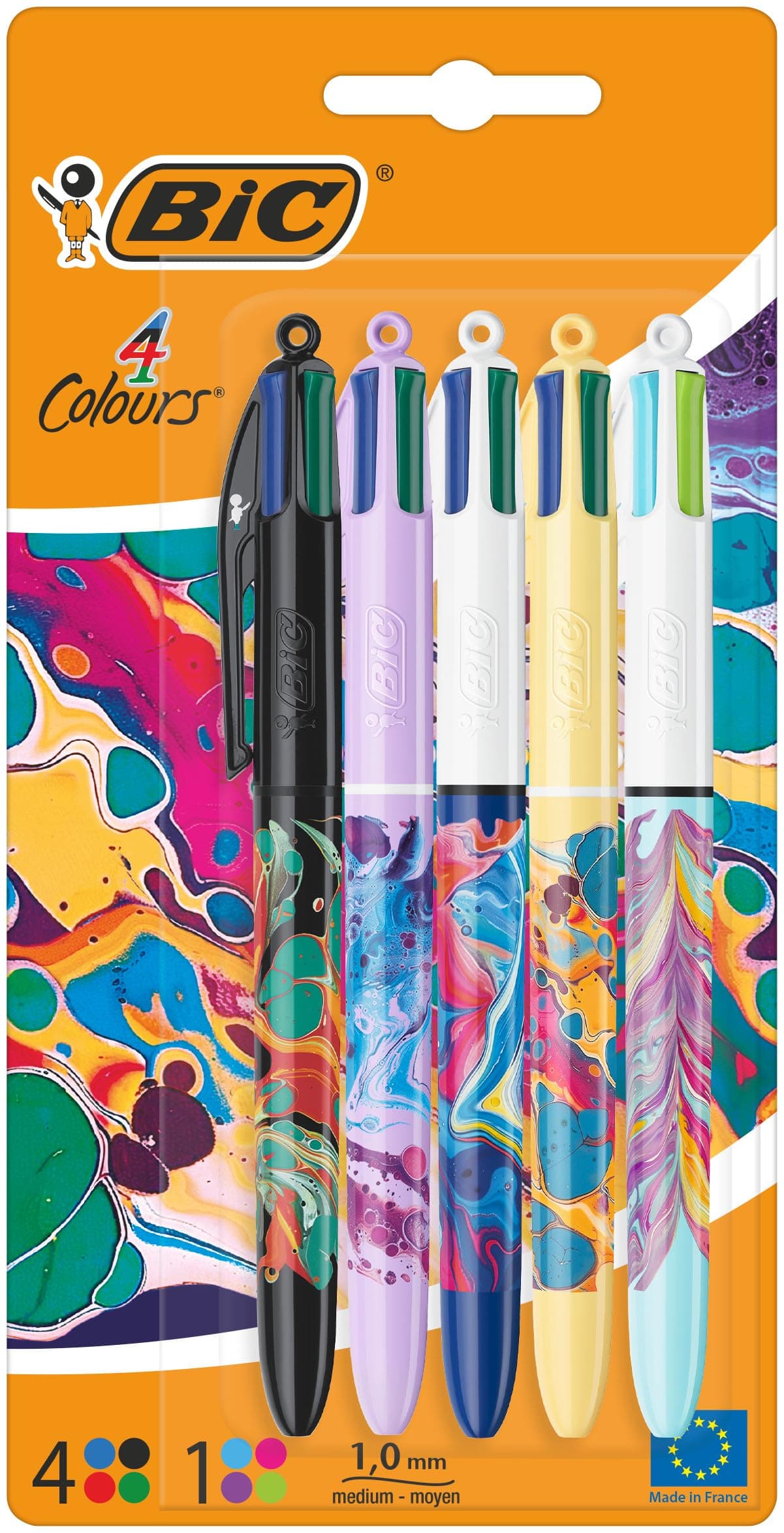 Bic, Bolígrafos Decor, Paquete con 5 bolis de Bic 4 colores en diseño Botanical surtido y tinta azul, verde, rojo y negro, Bolígrafos 1.0 mm