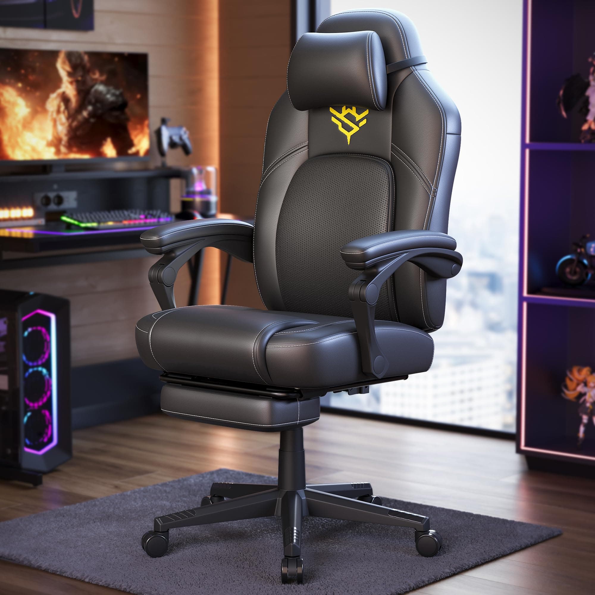 SONGMICS HOME Silla de Juegos, Silla Racing Ergonómica para Ordenador con Reposapiés, con Reposacabezas