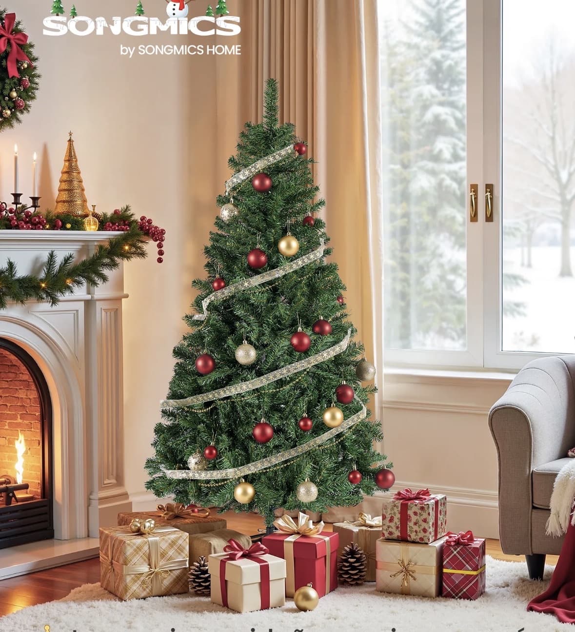 SONGMICS Árbol de Navidad Artificial, Abeto de 150 cm, Ramas de PVC, con Soporte de Metal, Montaje Rápido, Verde + Paquete de Bolas