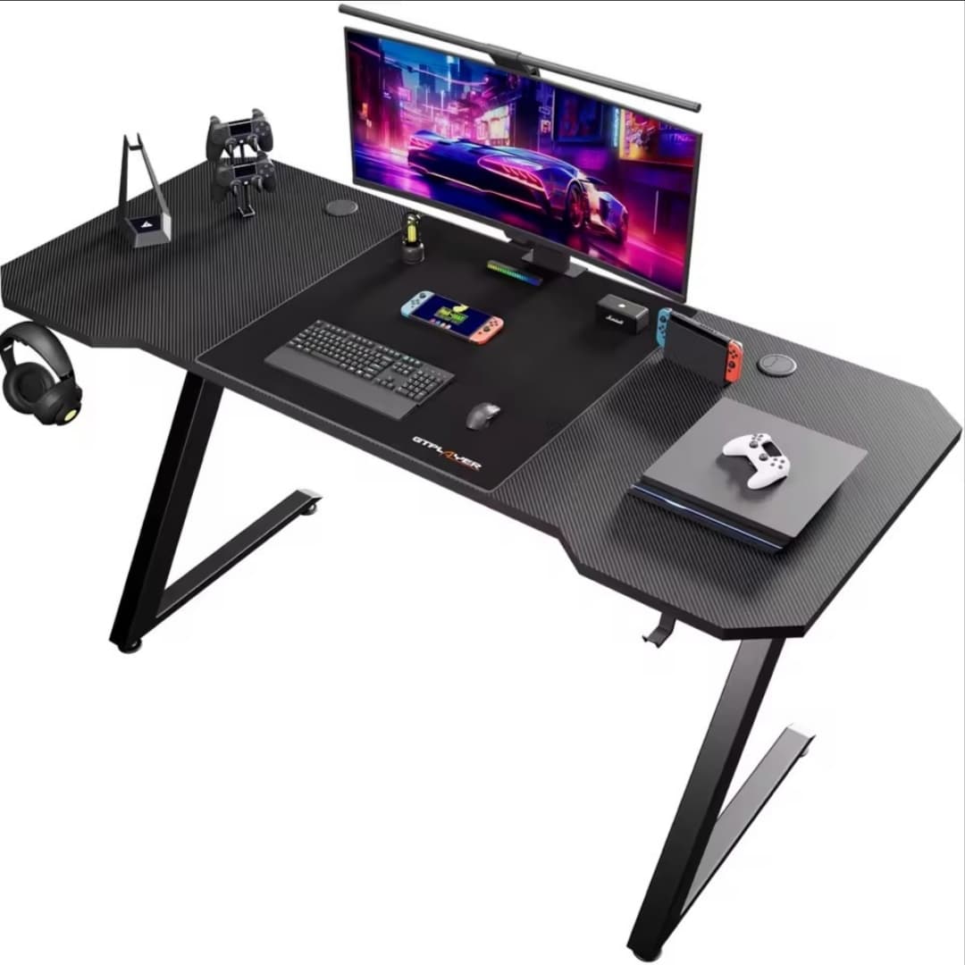 GTPLAYER-Mesa de juegos con superficie de fibra de carbono, escritorio para juegos de 120x60cm, LED, enchufe, negro