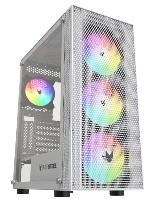 Oversteel - Azurite Caja Pc Gaming, 4 Ventiladores 120mm A-RGB Incluidos, Frontal Mallado, Instalación Vertical, Cristal Lateral Templado