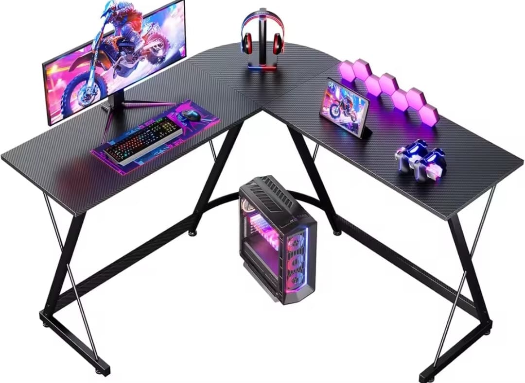 Coleshome Mesa de Juego 120x120 cm Escritorio de Juego en Forma de L Estable de Fibra de Carbono Negro