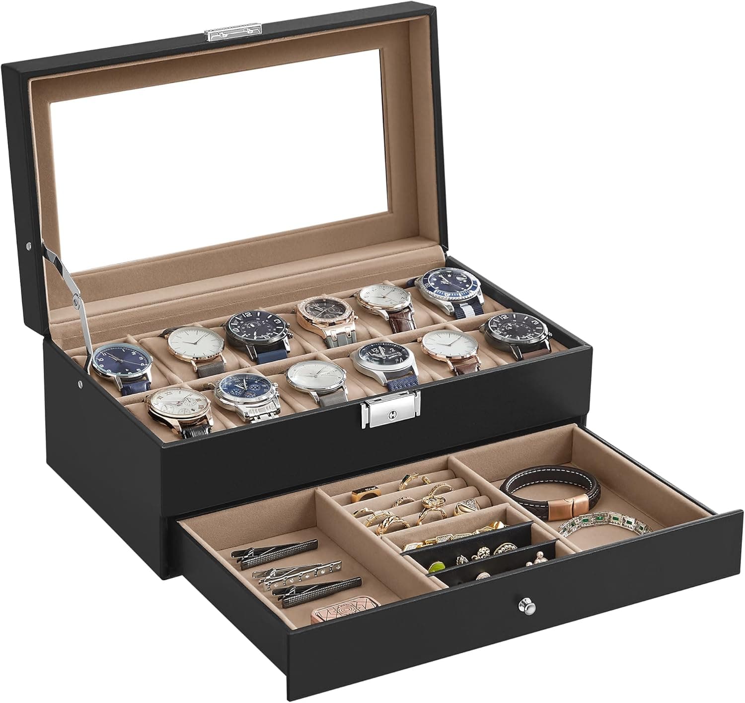 Caja de Relojes SONGMICS de 2 Niveles – 12 Relojes, Tapa de Cristal y Cajón para Joyas