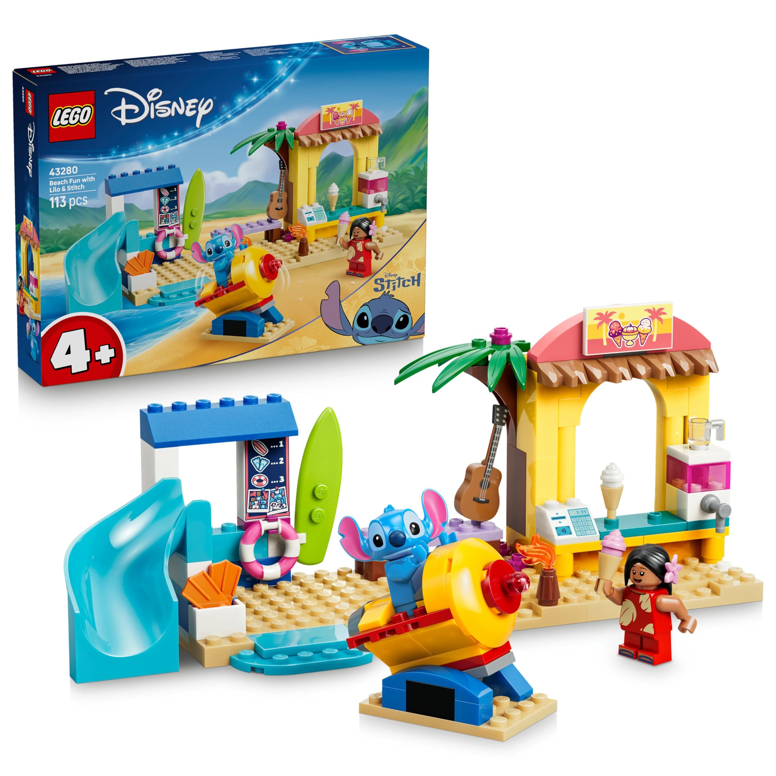 Lego Disney diversión en la Playa con Lilo y Stitch. Juguete para niñ@s de + 4 años. Juego educativo Montessori; 2 tiendas y figuras