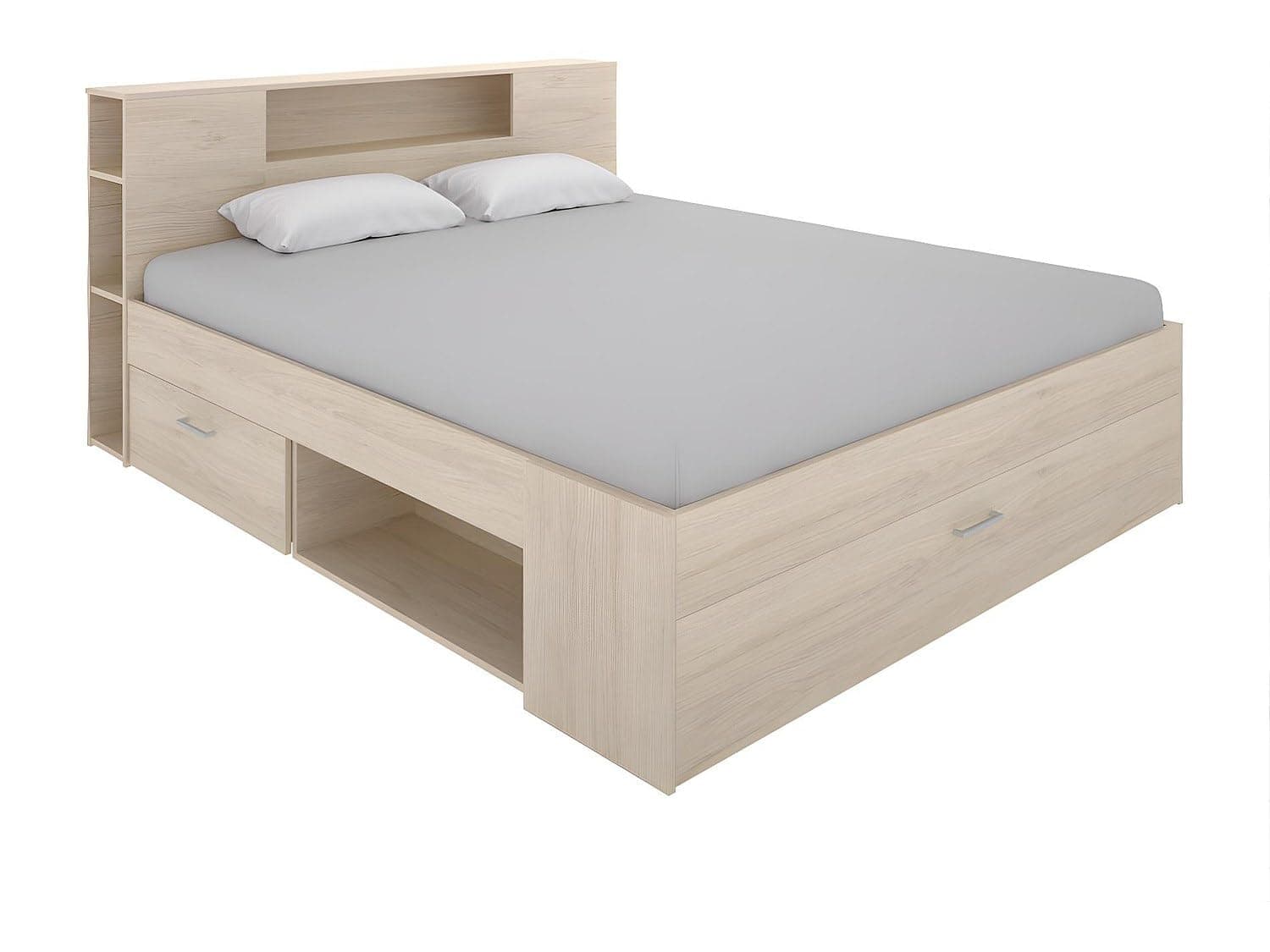 Cama de matrimonio con almacenaje en cabecero y bajo cama - Natural - 95x149x218cm