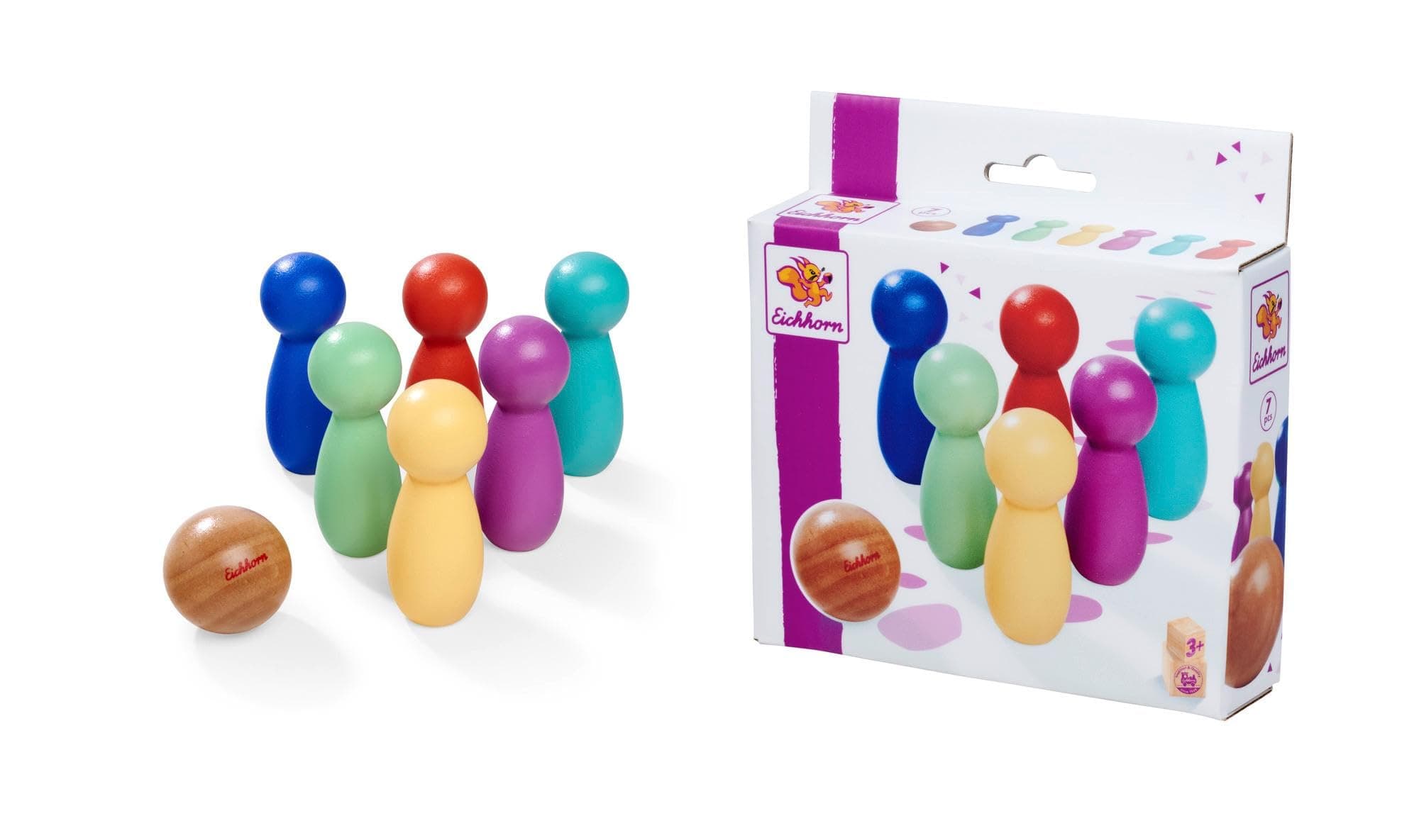 Eichhorn – Games – Juego de Bolos de 6 Pines y una Bola de Madera, Mesa de Colores de 7 Piezas, Madera de Abedul, a Partir de 3 años.