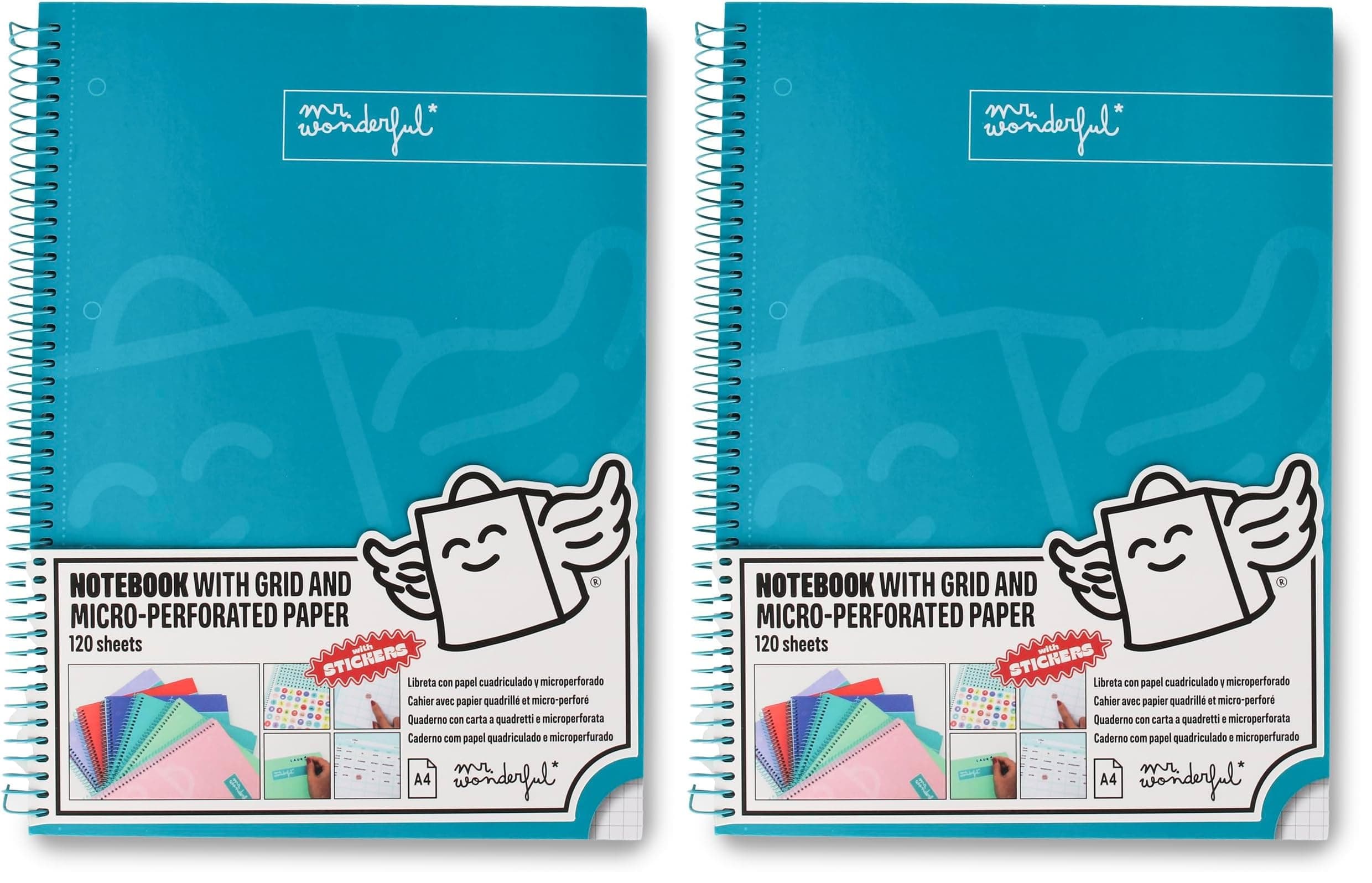 2 Libretas Mr. Wonderful A4 - 120 páginas cuadriculadas Microperforadas - Tapa Extradura - Incluye pegatinas,