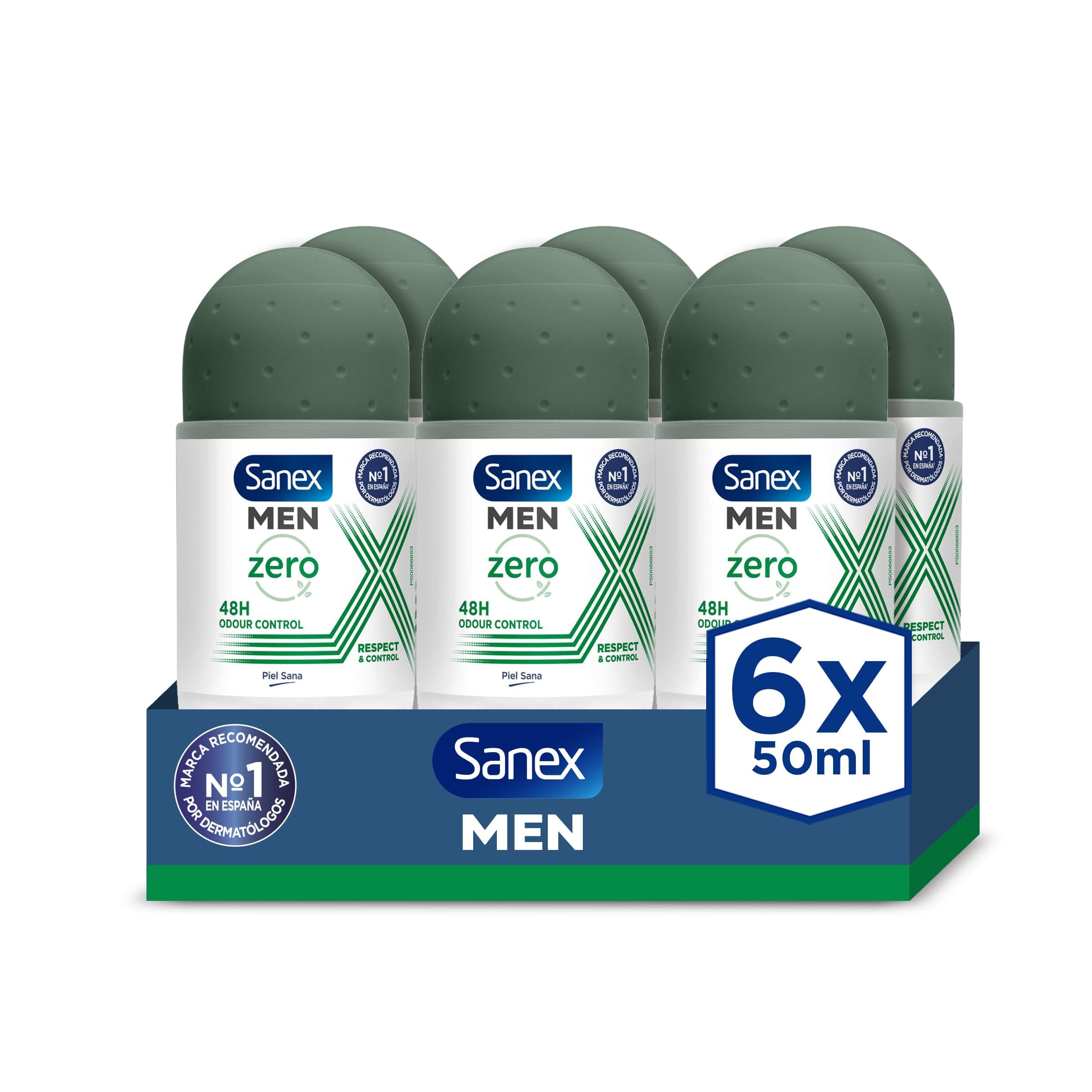 Pack de 6 desodorantes roll-on Sanex Zero% Respect & Control (6 x 50 ml)