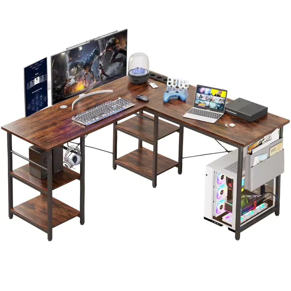 Escritorio de estilo industrial en forma de L Mesa de computadora ajustable de 140/230 cm con almacenamiento y enchufe integrado