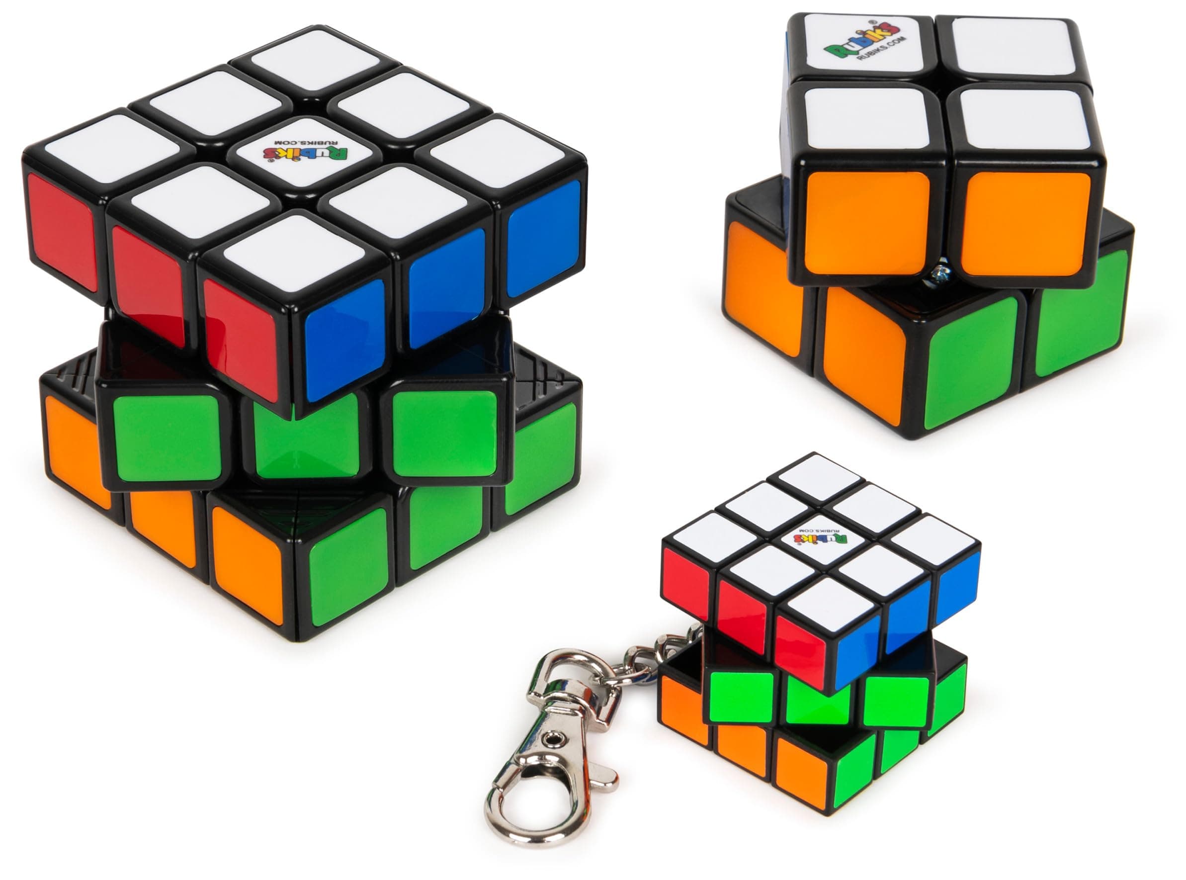 Pack 3 Cubos Rubik's Spin Master 6064015 (Cubo clásico 3x3, versión compacta 2x2, llavero mini 3x3 funcional, original multicolor)