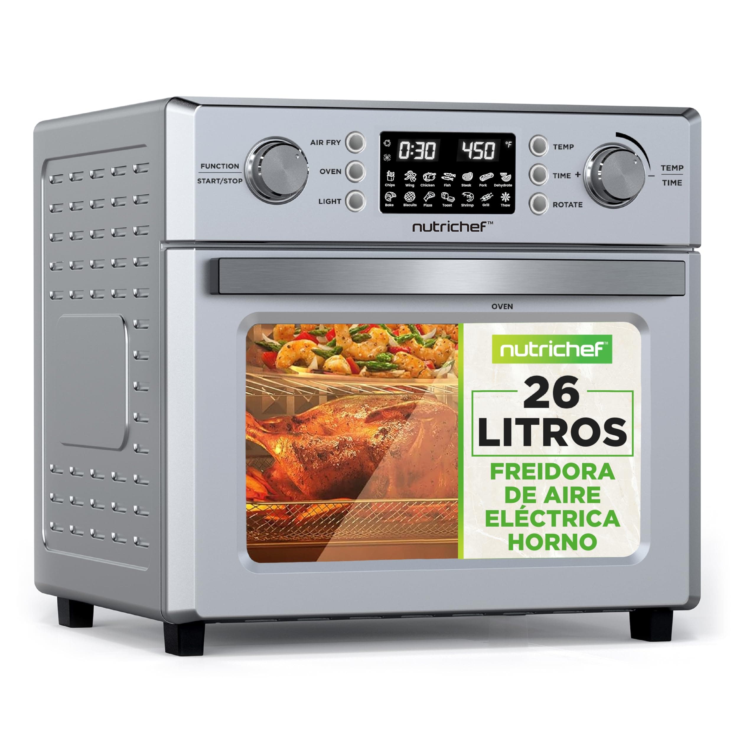 Nutrichef freidora de aire con pantalla tactil,26L y + horno eléctrico 10 funciones automáticas, + Accesorios [Reaco - Como Nuevo]