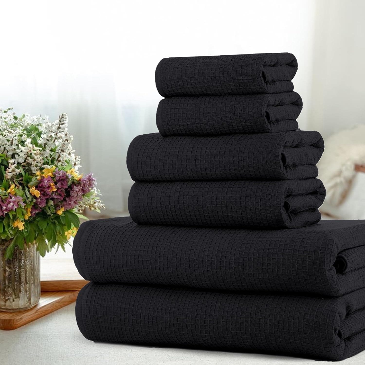 Juego de 6 Toallas de baño, 600 g/m², Negro Waffle 100% algodón egipcio puro
