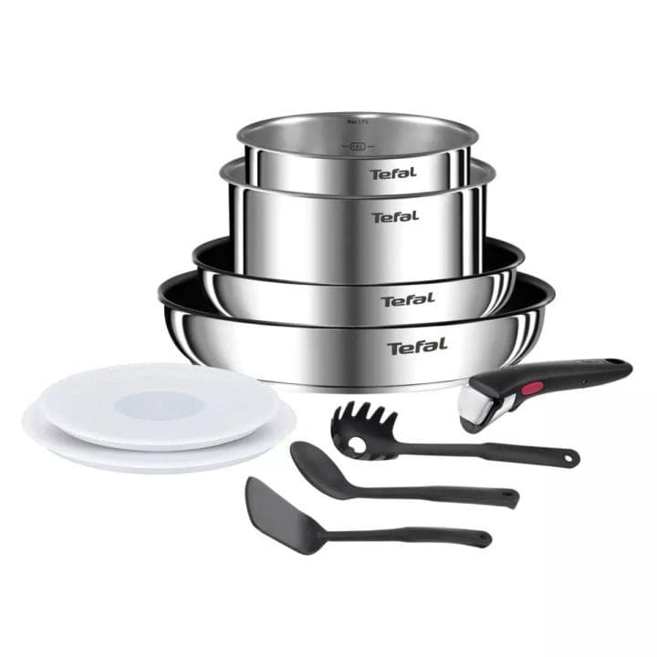 Set de 10 piezas Ingenio Tefal (2 sartenes 22 y 26cm, cazos de 16 y 18cm, mango desmontable, cuchara, espátula, cuchara espaguetis, 2 tapas)