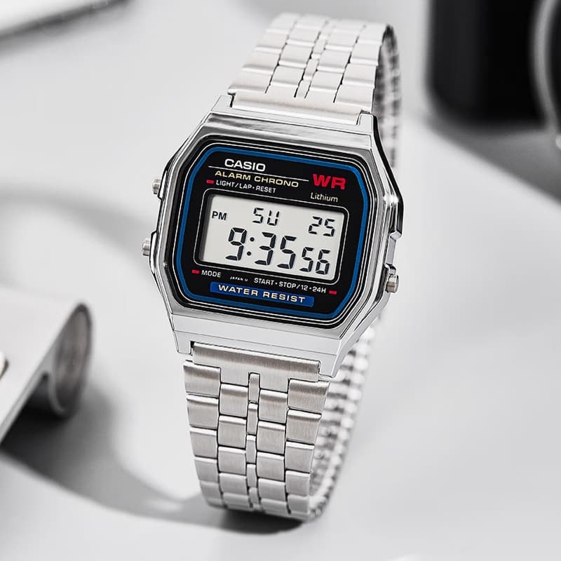 Reloj digital cuadrado vintage Casio A159WA-N1DF, correa de acero inoxidable