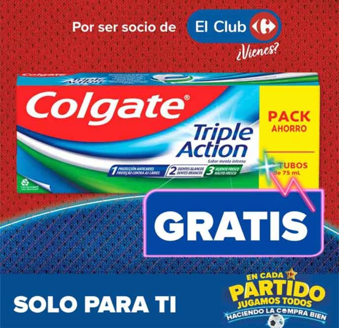 Pasta de dientes Colgate Triple Acción 2x75 ml GRATIS en Carrefour (cuentas seleccionadas y +50€)