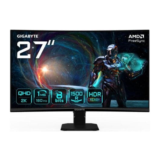Gigabyte GS27QCA 27" Monitor Curvo para Gaming QHD - 2560 x 1440, 180Hz, 1ms, 250 CD/m², FreeSync, HDR Ready, HDMI 2.0, DisplayPort 1.4