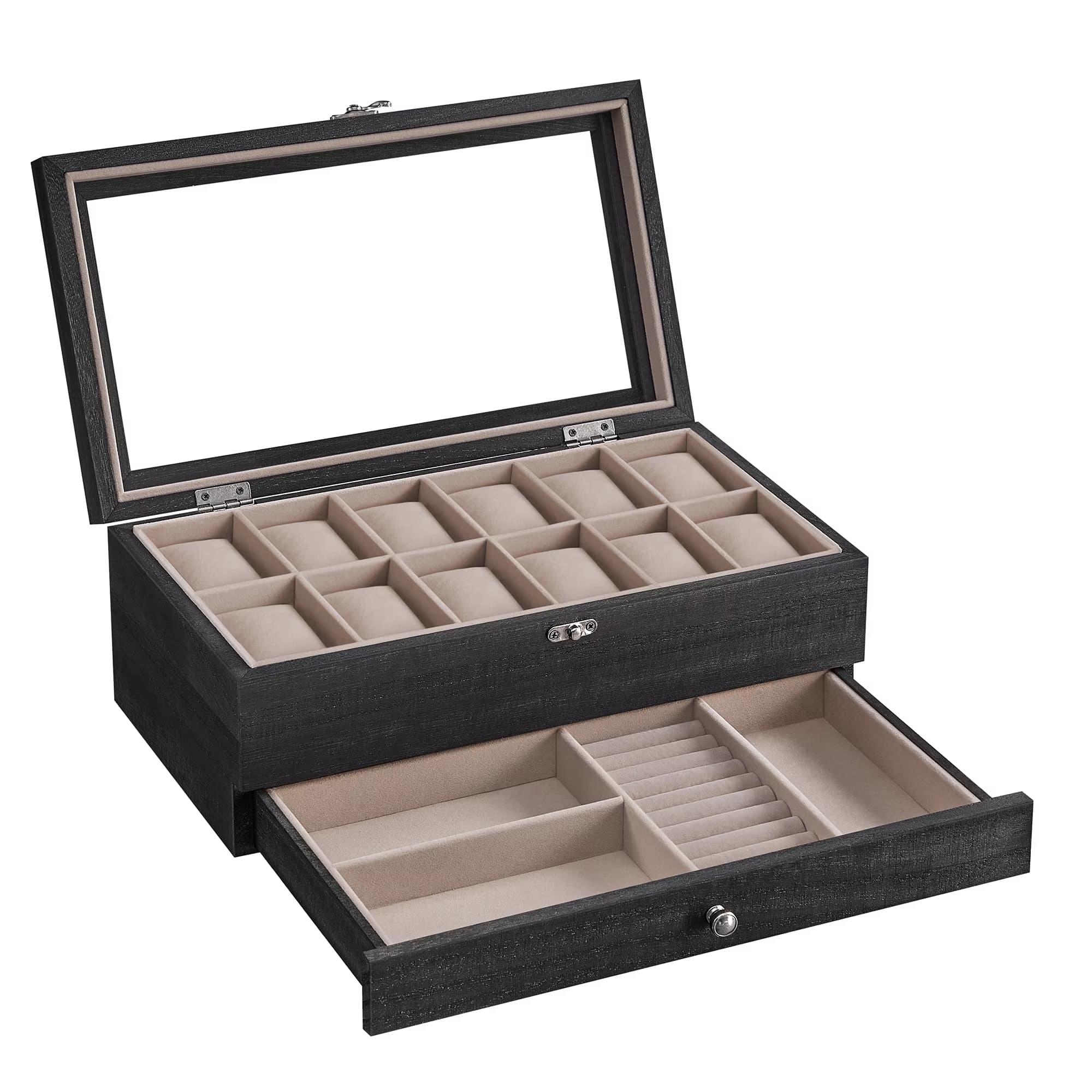 Caja de Relojes SONGMICS 12 Ranuras + Cajón | Tapa de Cristal | 2 Niveles | 13,42 € con ventaja | 3 colores