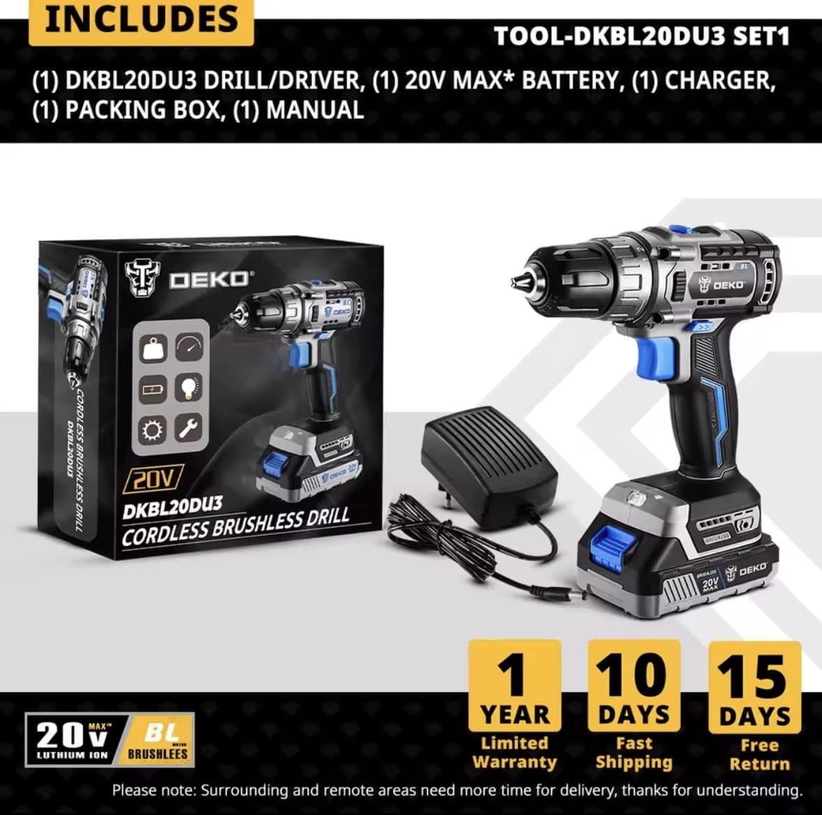 Taladro a bateria DEKO, incluye bateria de 20V y cargador (VER DESCRIPCION)