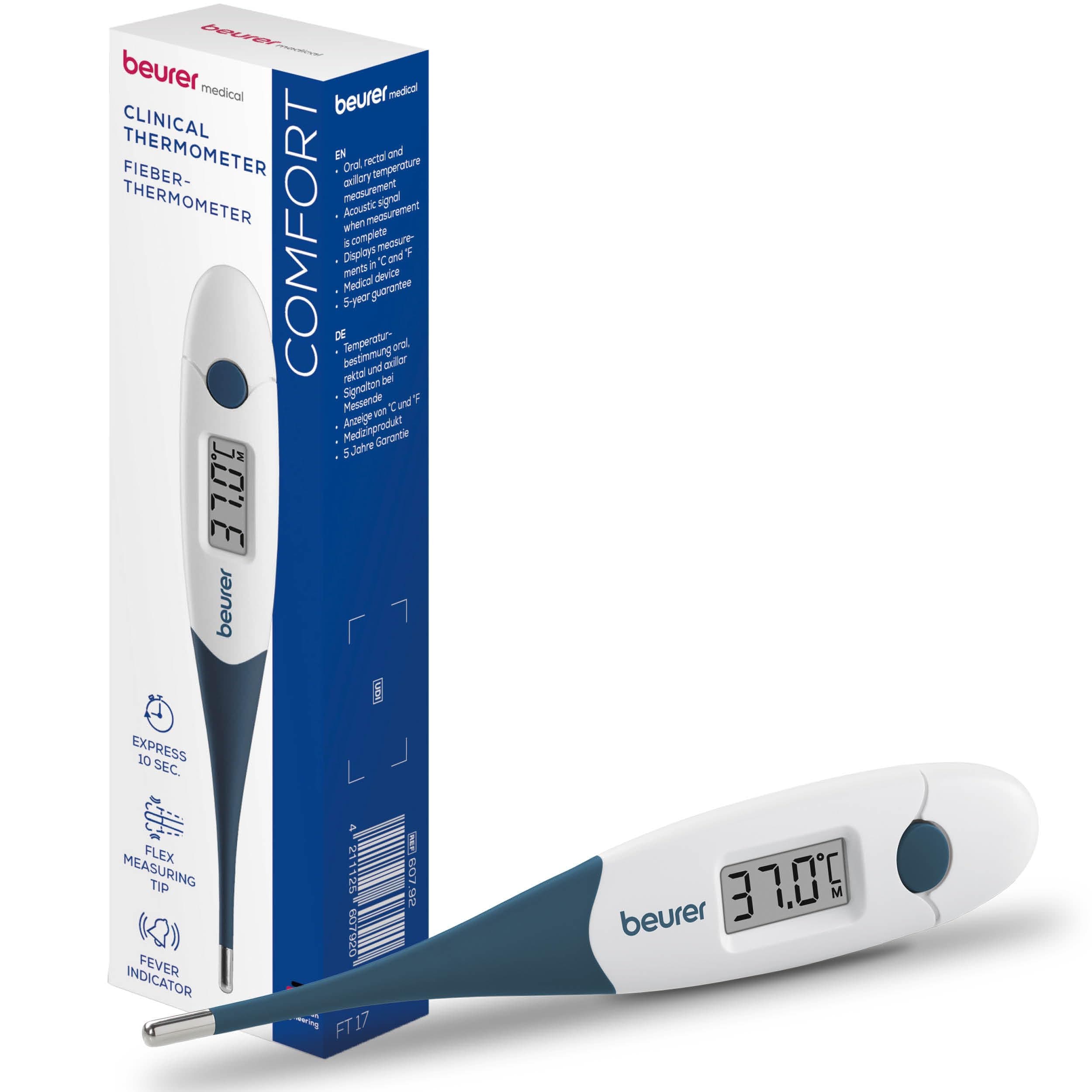 Beurer FT 17 termómetro clínico digital, termómetro con punta de medición flexible para la medición oral, rectal y axilar, resultado en 10 s