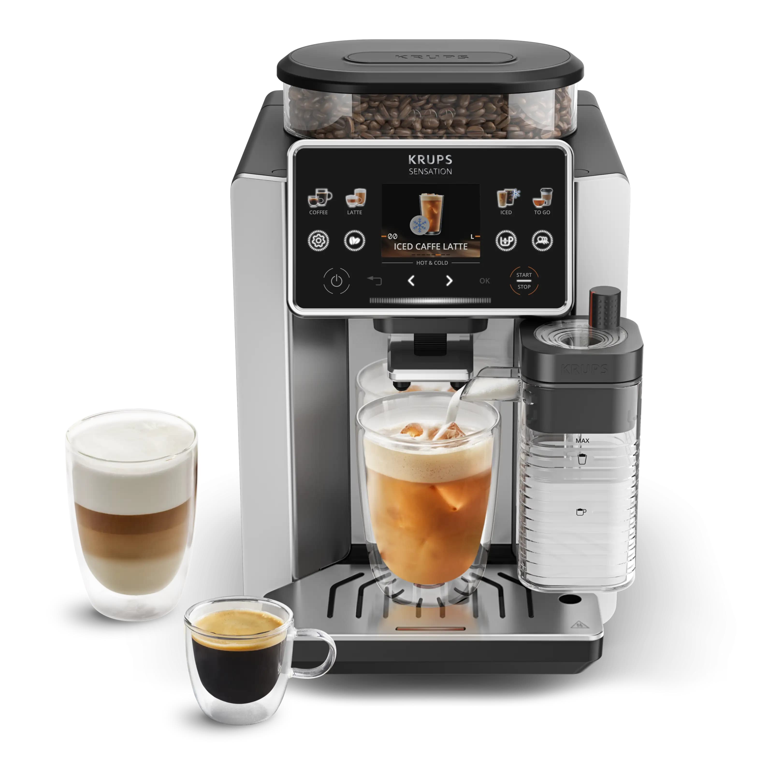 Cafetera superautomática - Krups Sensation Elite Hot & Cold EA918, 30 Recetas, Jarra de leche, Molinillo, Táctil, Espumador, 15 bar, 1450 W