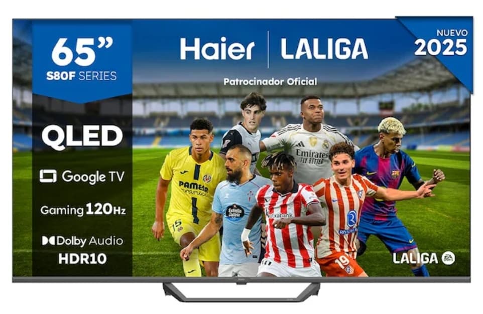 TV QLED 165 cm (65") Haier H65S80FUX UHD 4K, Peana central, Smart Google TV, HDR10, Gaming 120Hz, Dolby Audio Negro