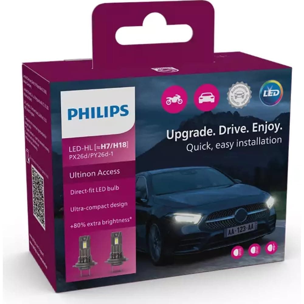 Bombillas LED Philips Ultinon Essential H7 11972U2500CX (luz blanca 6500K, disipación dual, 12V/24V, pack 2 lámparas coche y moto)