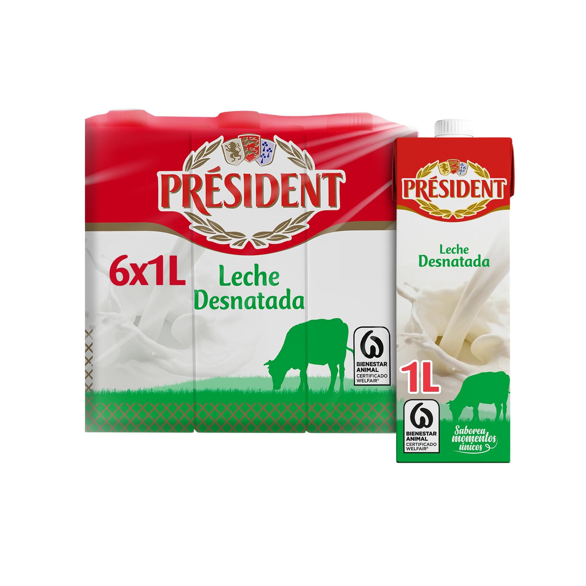 Pack 6 x 1 L Président - Leche Président Desnatada, Leche Natural de Galicia, Fuente de Calcio y Proteínas, Sin Gluten, Bienestar Animal