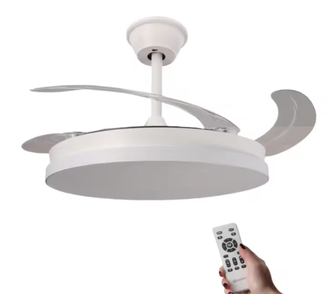 Ventilador de Techo LED-COLOR Blanco&Cristal Motor DC 106cm con Aspas Retráctiles Luz LED 30W Control Remoto y Eficiencia Energética
