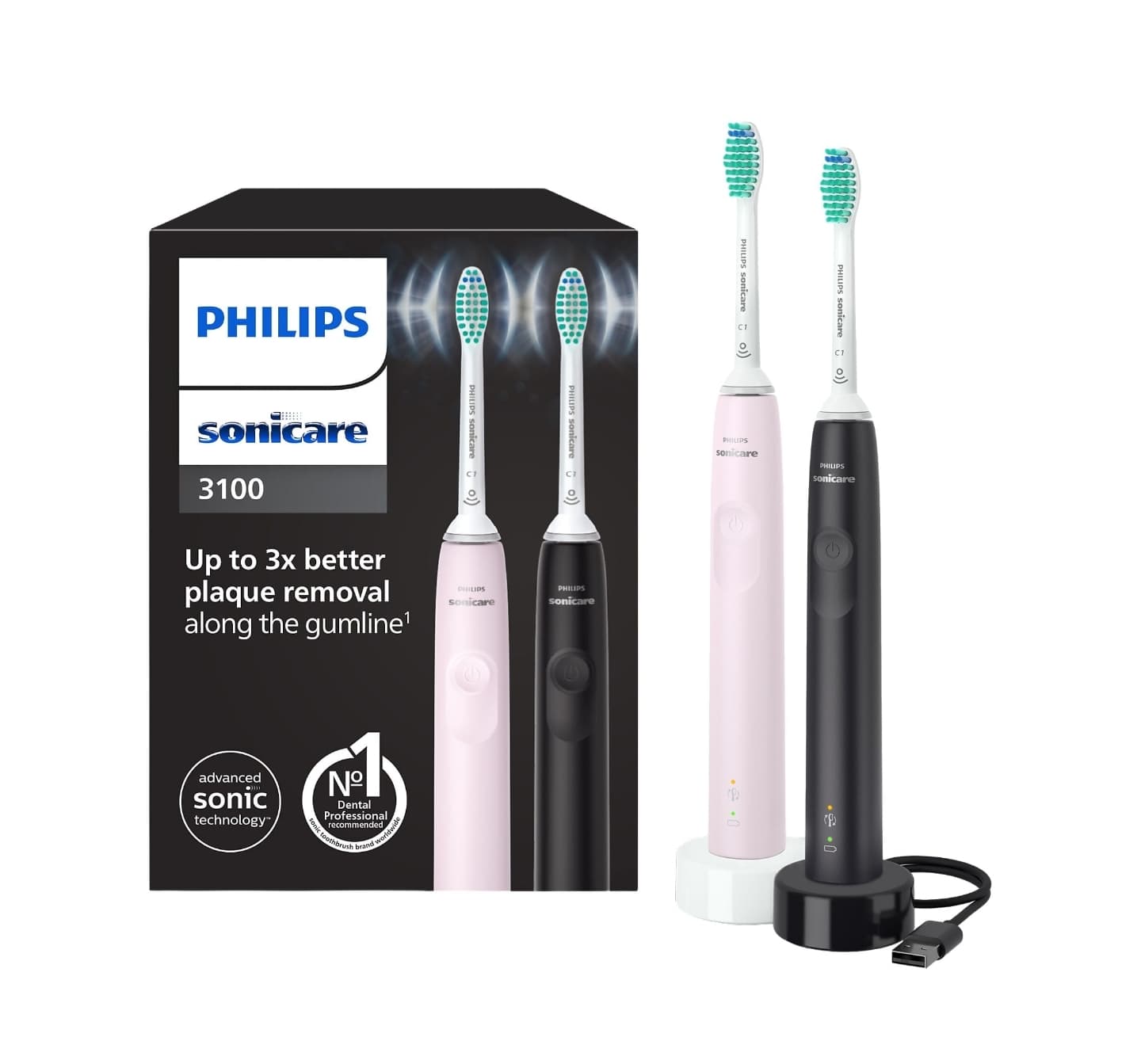 Cepillo eléctrico Philips Sonicare 3100 HX3675/15, 2 unidades, Tecnología sónica, Sensor de presión, Temporizadores intuitivos, Negro y Rosa