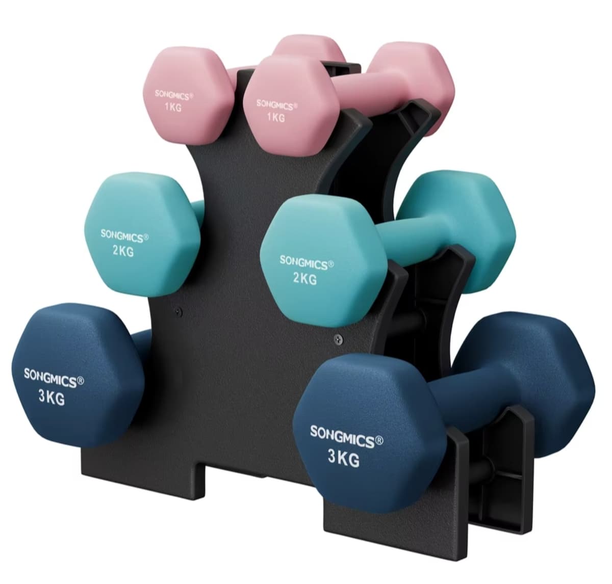 SONGMICS Mancuernas, Juego de Mancuernas Hexagonales con Soporte - 2 x 1 kg, 2 x 2 kg, 2 x 3 kg