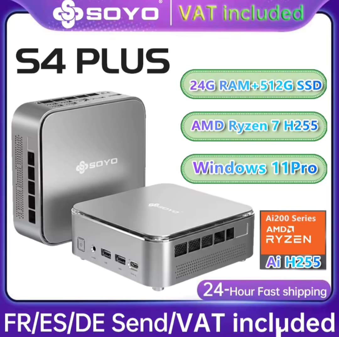SOYO S4 PLUS Mini PC Ryzen 7 H255, 24 GB DDR5, 512 GB NVMe, WiFi 6 y 8K