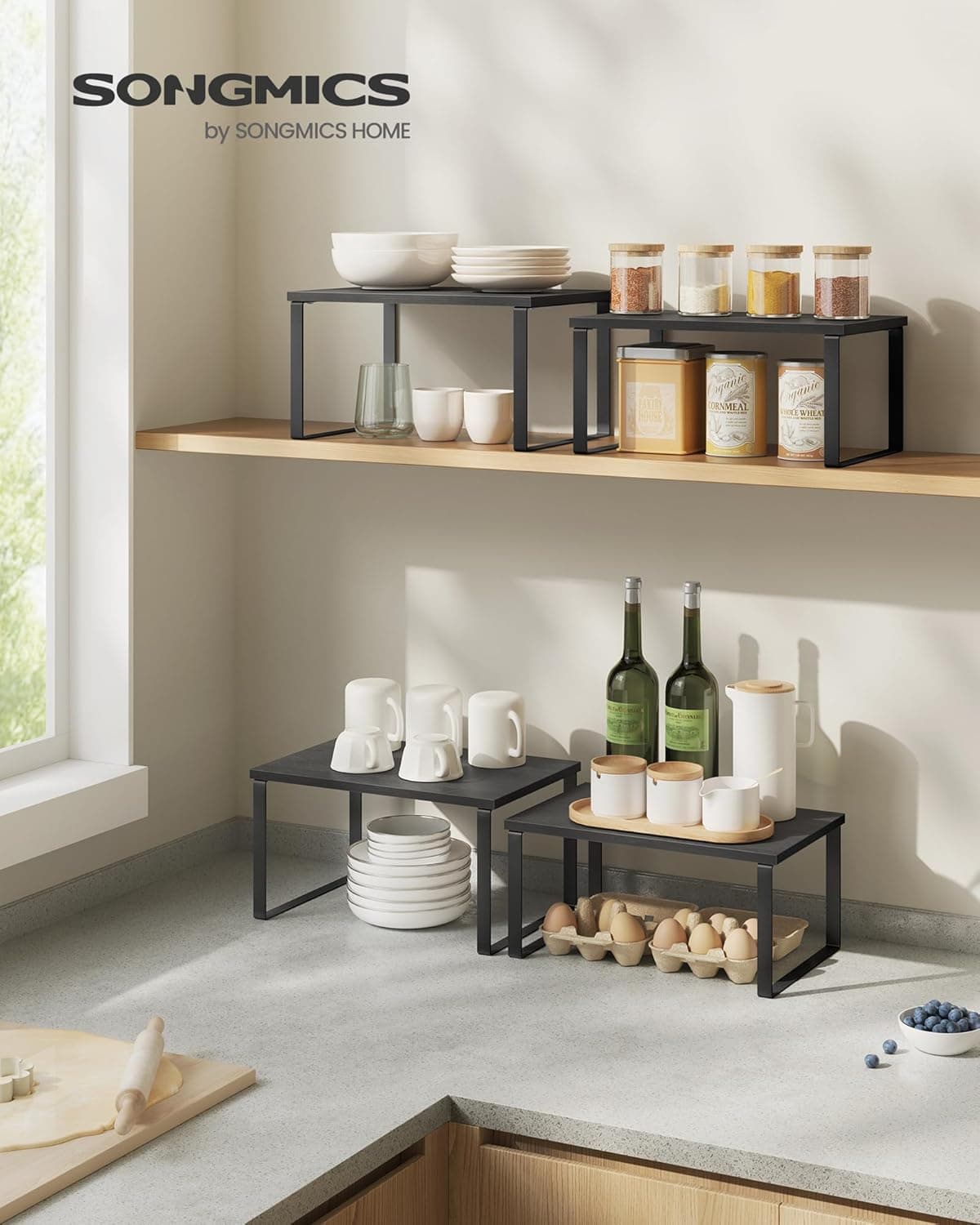 SONGMICS Estante para Especias, Juego de 2, Organizador de Armario, Estante de Almacenamiento de Cocina Extensible