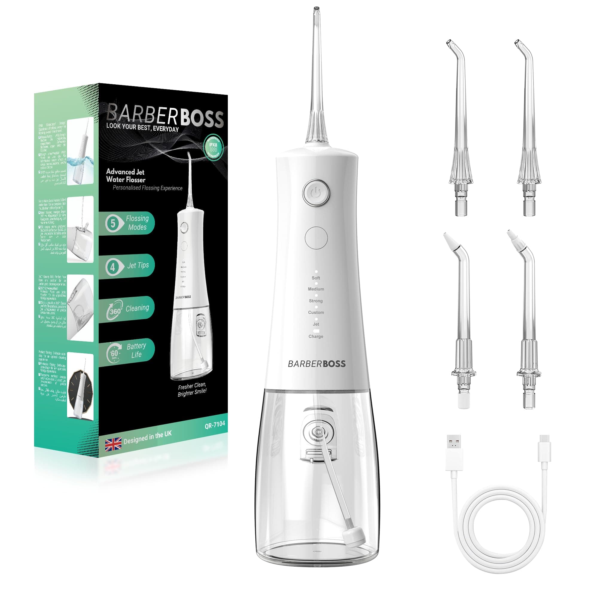 BarberBoss Irrigador bucal avanzado, 5 modos de presión y tanque grande de 340 ml