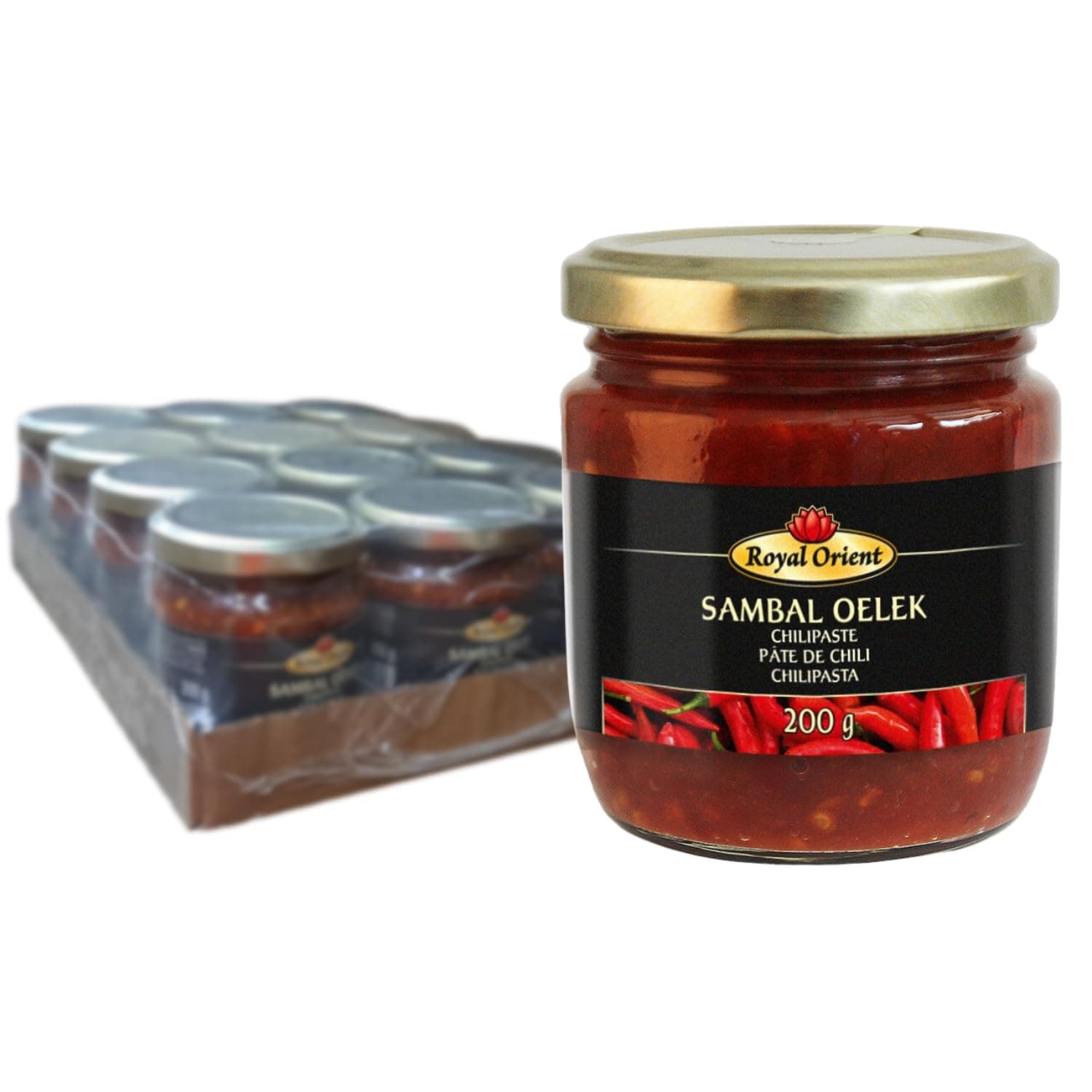 Royal Orient Sambal Oelek Paquete de 12 de 200 g Pasta picante de chile rojo brillante 2.4 kg peso total