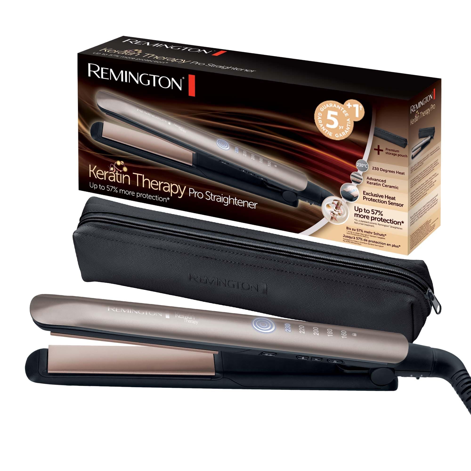 Remington Plancha Pelo pantalla digital, 160-230 °C, sensor protección contra el calor para reducir el daño capilar Keratin Therapy