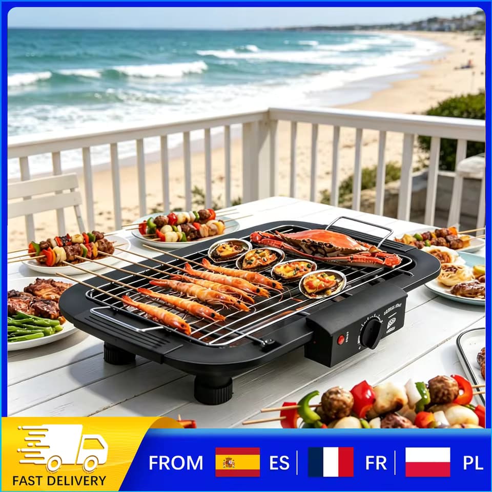 Parrilla Eléctrica para Interiores/Exteriores, Parrilla Portátil de Mesa de 1800W con 6 Niveles de Temperatura