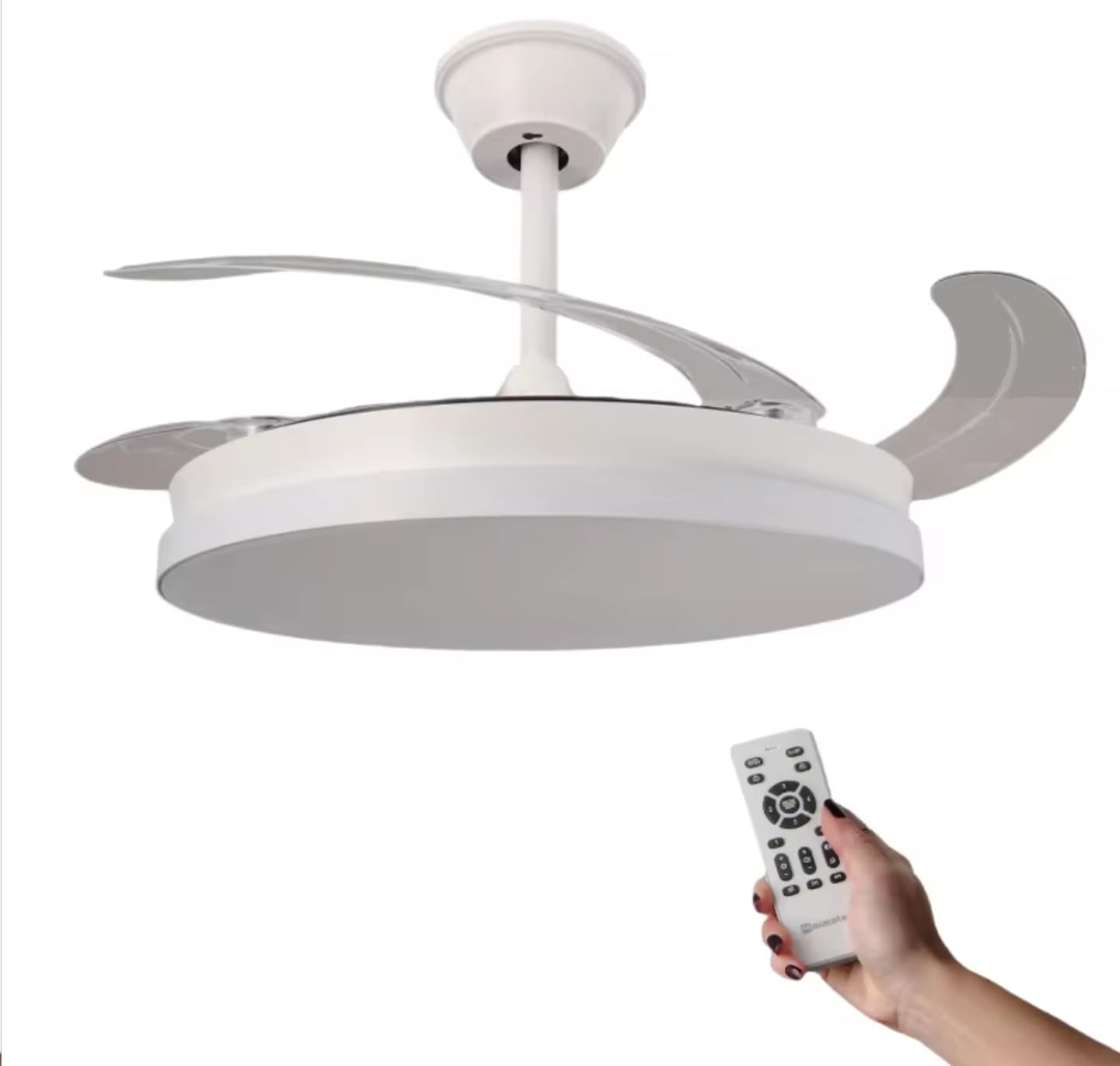 Ventilador de Techo LED-COLOR Blanco&Cristal Motor DC 106cm con Aspas Retráctiles Luz LED 30W Control Remoto y Eficiencia Energética Oferta