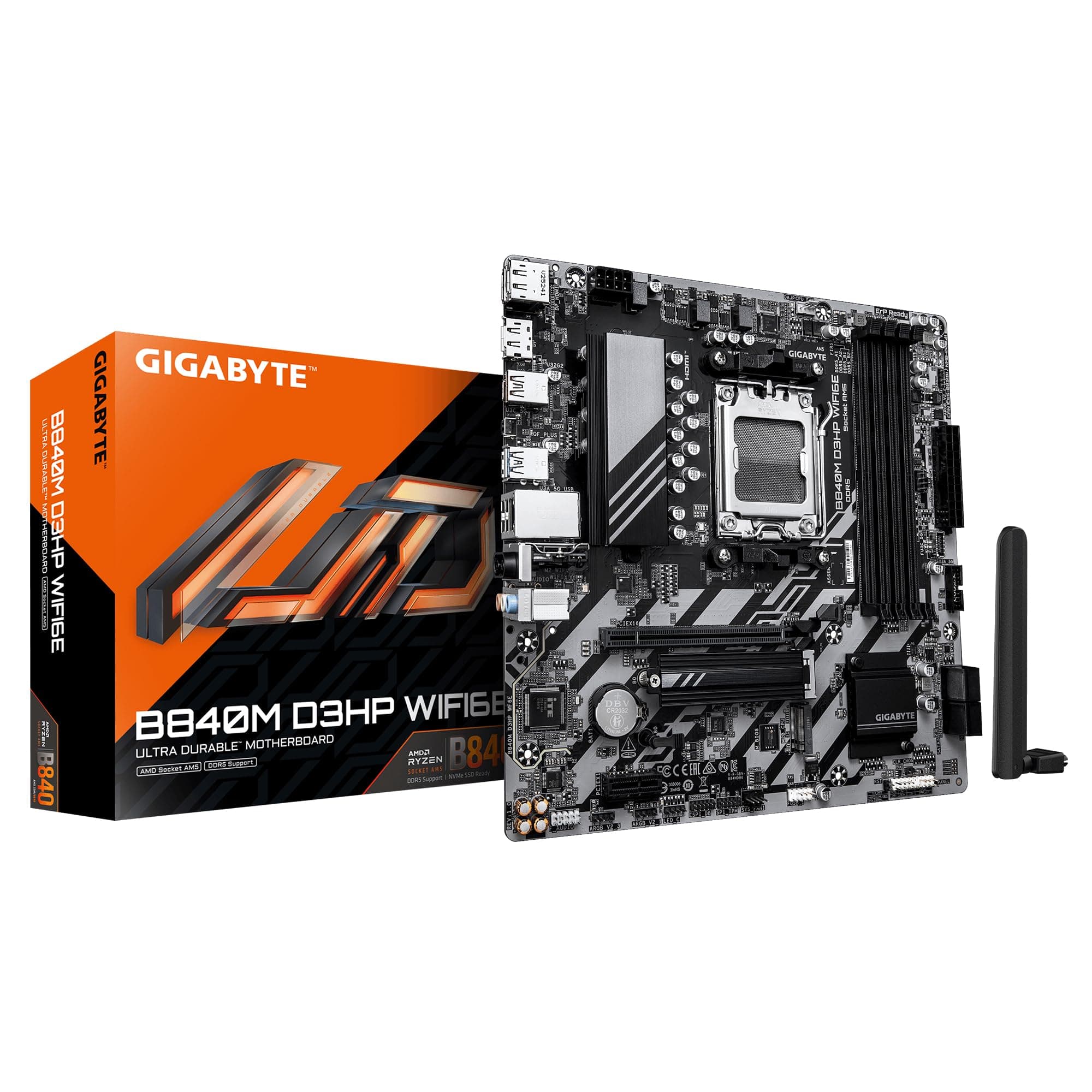 Placa Base GIGABYTE B840M D3HP WIFI6E (AM5, DDR5, Micro-ATX) - Compatible Ryzen 9000/8000/7000, 2x M.2 PCIe 4.0, Wi-Fi 6E