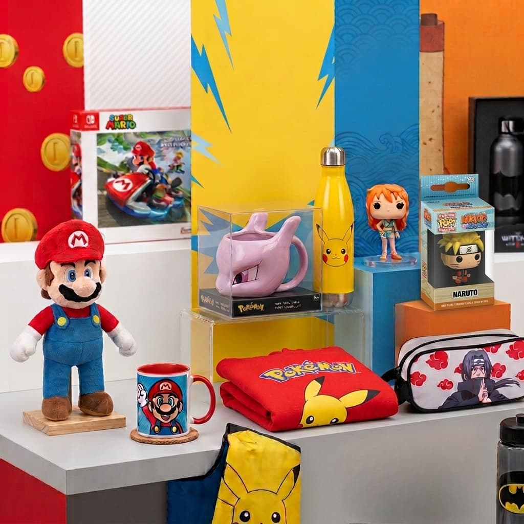 Recopilación/Selección de productos geek: Super Mario, Pokémon, One Piece, Naruto, The Witcher y Batman (Llaveros, funko ,felpudo, sudadera)