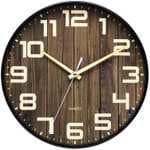 NUOVO Reloj de pared redondo de plástico imitación madera silencioso, sin respuesta, números grandes antiguos,
