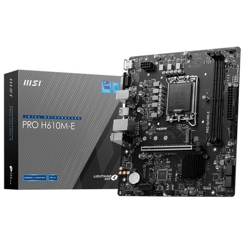 Placa Base MSI PRO H610M-E LGA1700 (Intel 12ª/13ª/14ª Gen, DDR5, PCIe 4.0 Steel Armor, M.2 NVMe, Core Boost, microATX, en PcComponentes)