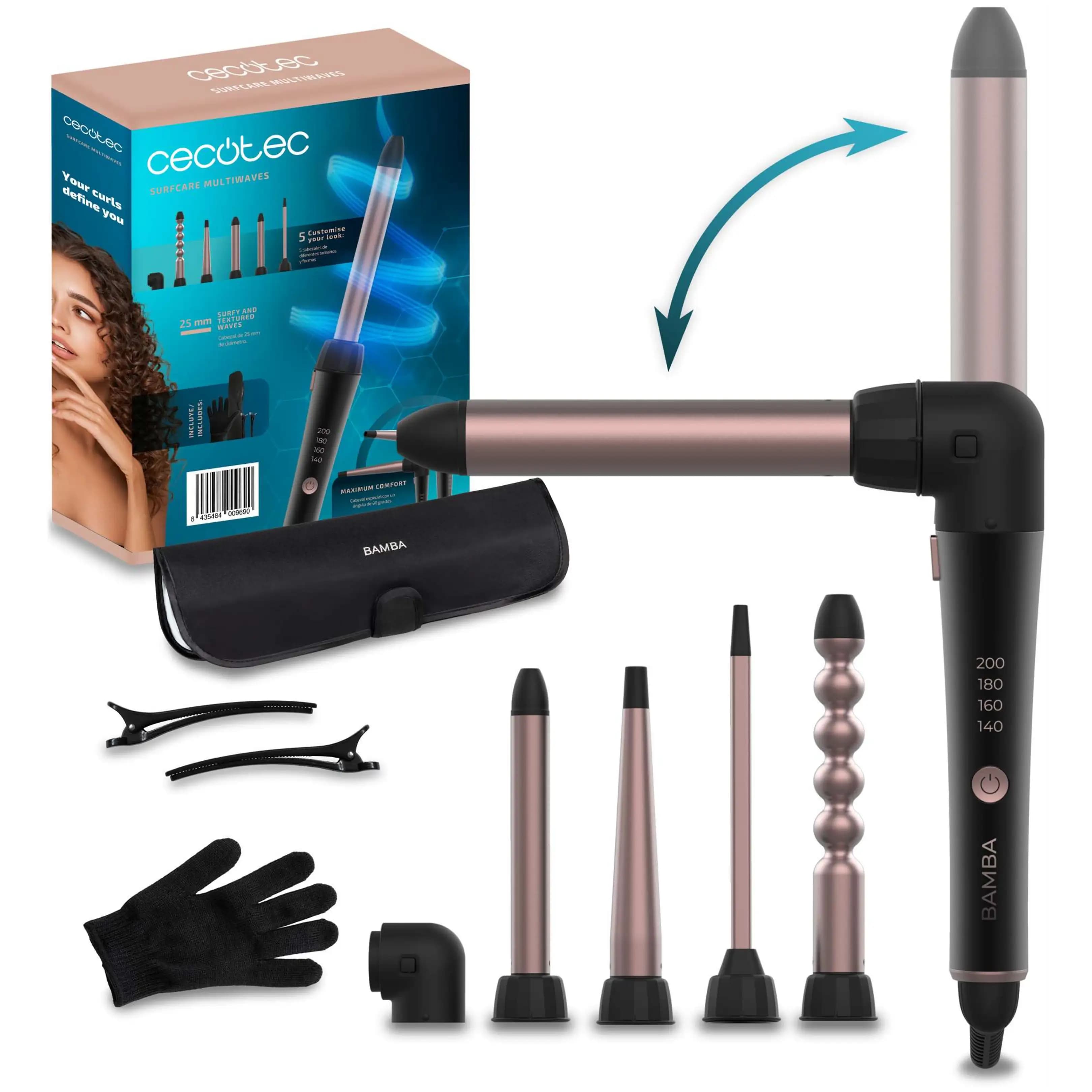 Rizador - Cecotec SurfCare MultiWaves, 5 cabezales, 140 a 200 ºC, Estuche, Guante térmico, Pinzas, Negro