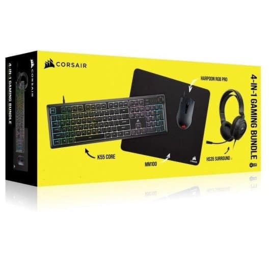 CORSAIR - Pack GAMING Corsair 4 en 1 por 54 € | Teclado K55 CORE RGB + Ratón Harpoon RGB PRO + Auriculares HS35 v2 + Alfombrilla MM100