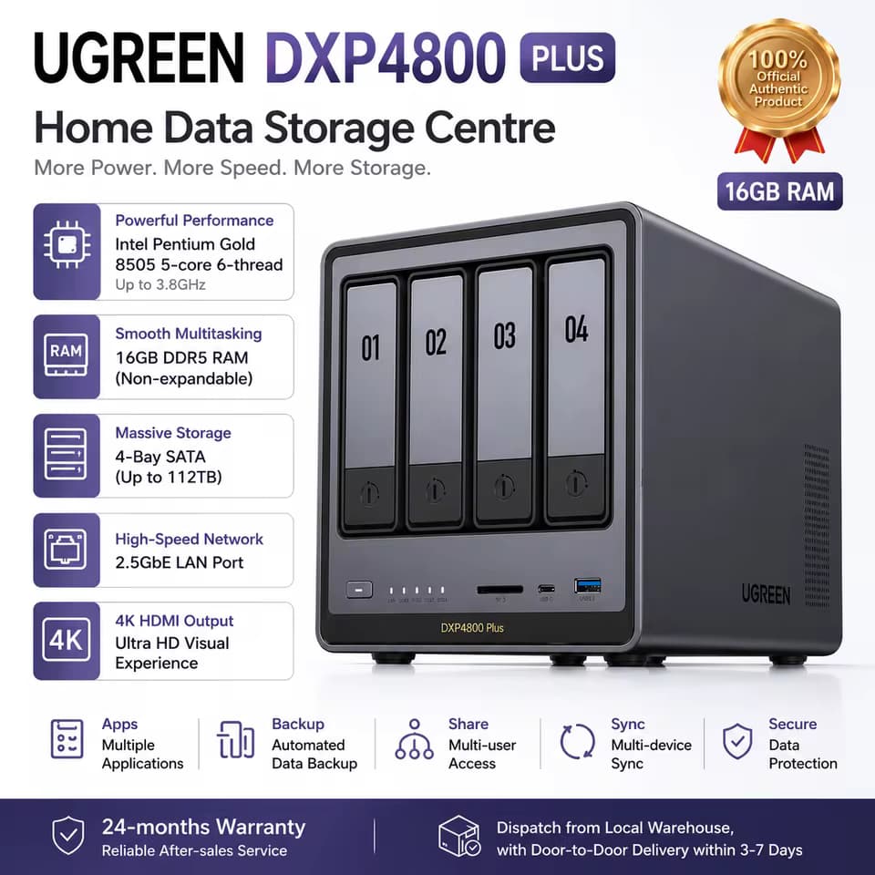 UGREEN DXP4800 Plus NAS, Almacenamiento Conectado a la Red de 4 Bahías, 16GB DDR5 Intel, Puerto 2.5GbE, sin Discos, Servidor Doméstico