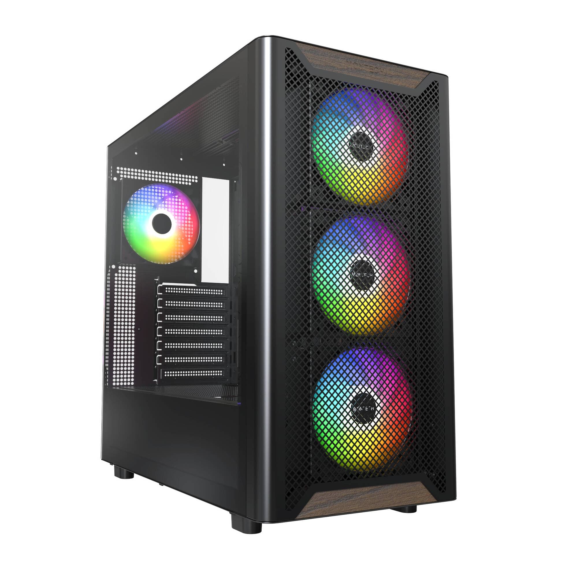 Caja ATX Montech XR RGB Vidrio Templado Negro/Madera 4 ventiladores ARGB PWM incluídos/ tbn en caseking