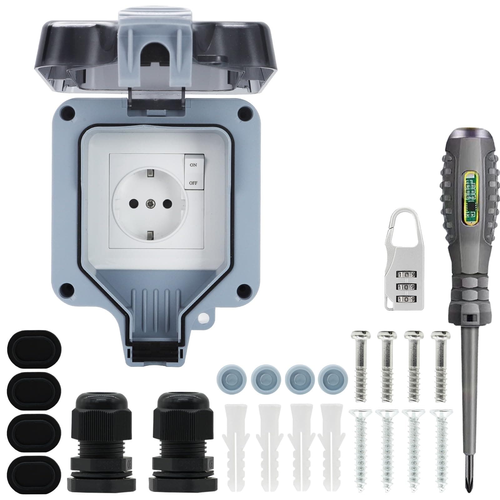 Enchufe Exterior Impermeable IP66 con Doble Interruptor y Cerradura Numérica