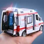 Mini coche 1:32, ambulancia fundida, camión de bomberos, modelo de policía, vehículo ligero y con sonido.