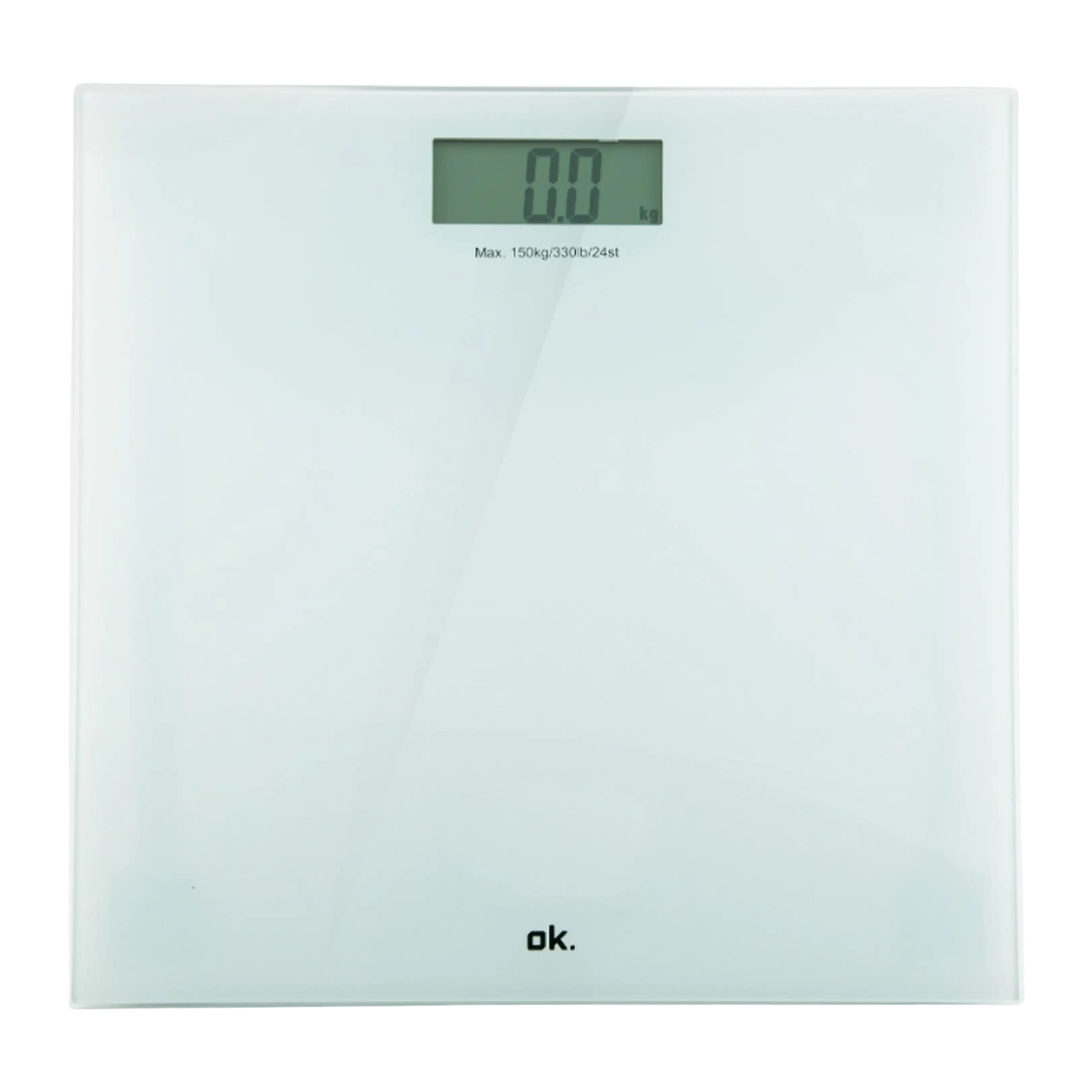 Báscula de Baño ok. Digital con Pantalla LCD, Hasta 150 kg, Vidrio y Diseño Minimalista, Blanca