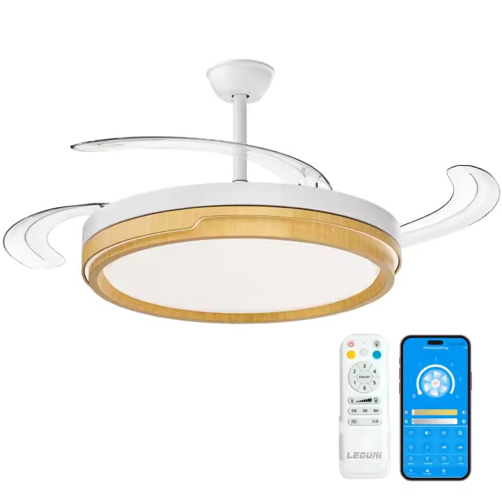 OStarkDom 96W Ventilador de Techo Retráctil con Luz LED y Control Remoto - 6 Velocidades Silencioso - 3 Colores de Luz (Cálida/Fría)